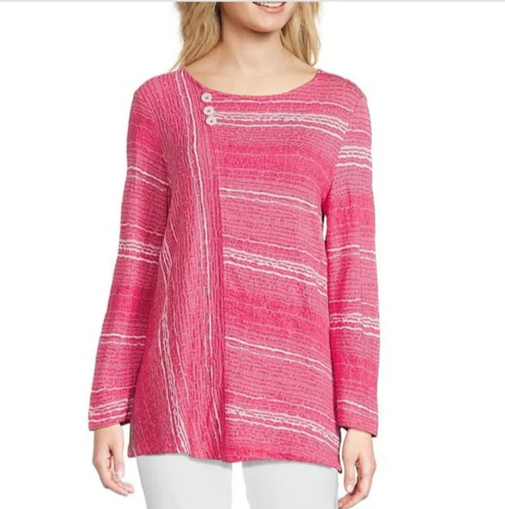 Ali Miles Pink White Textured Knit Round Neck Long Sleeve Top Size 2X Artsy